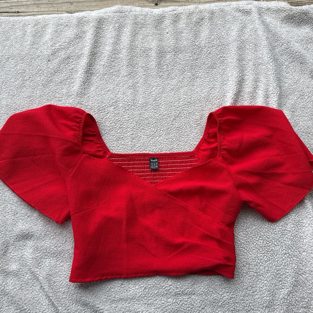 Square Neck Puff Sleeve Red Crop Top